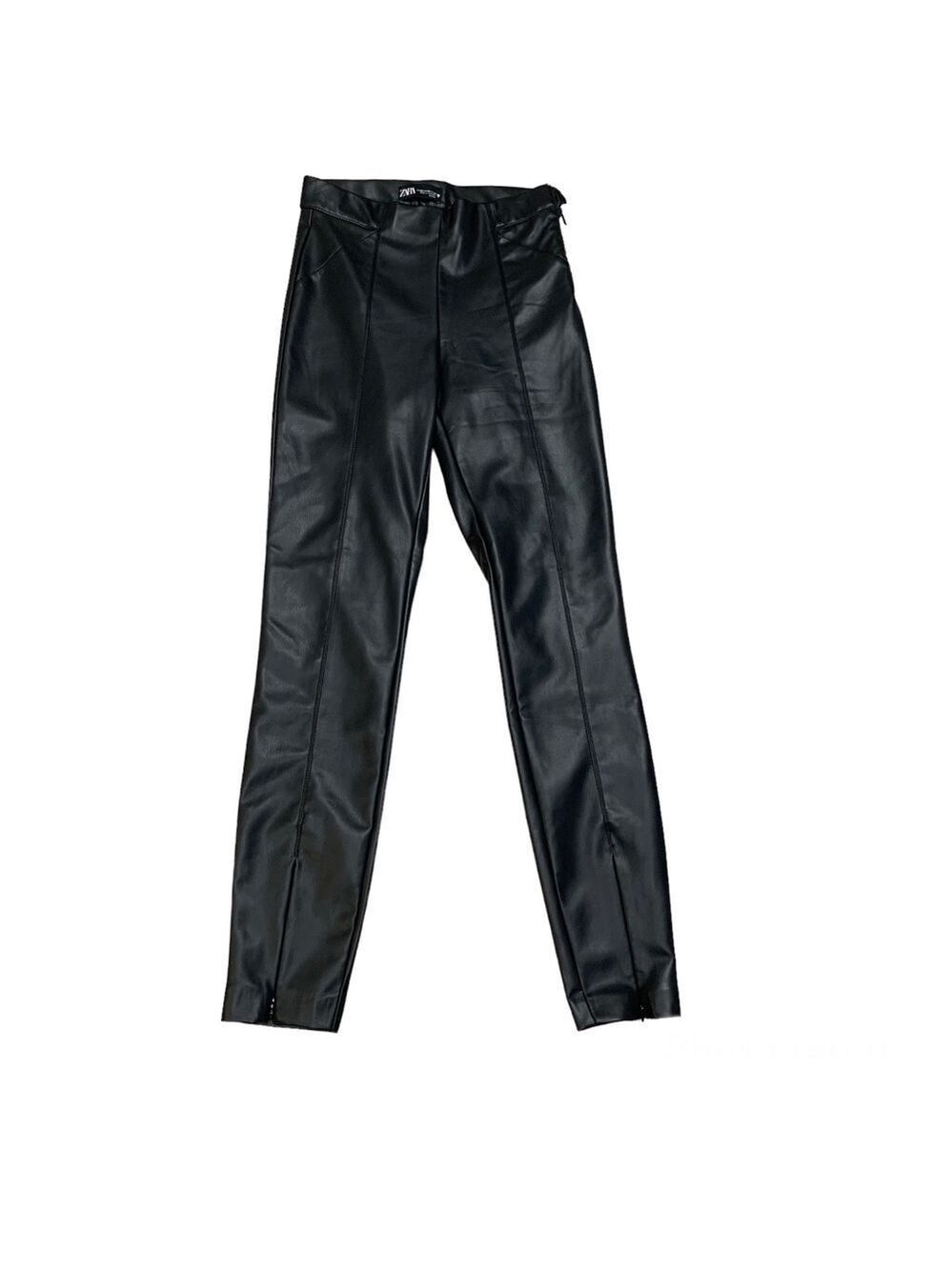 Zara black high waisted faux leather moto leggings pants zippered ankle Sz XS